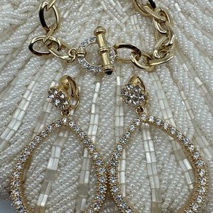 Vintage Nolan Miller Link Bracelet and Hoop Crystal Earrings Clip On#561
